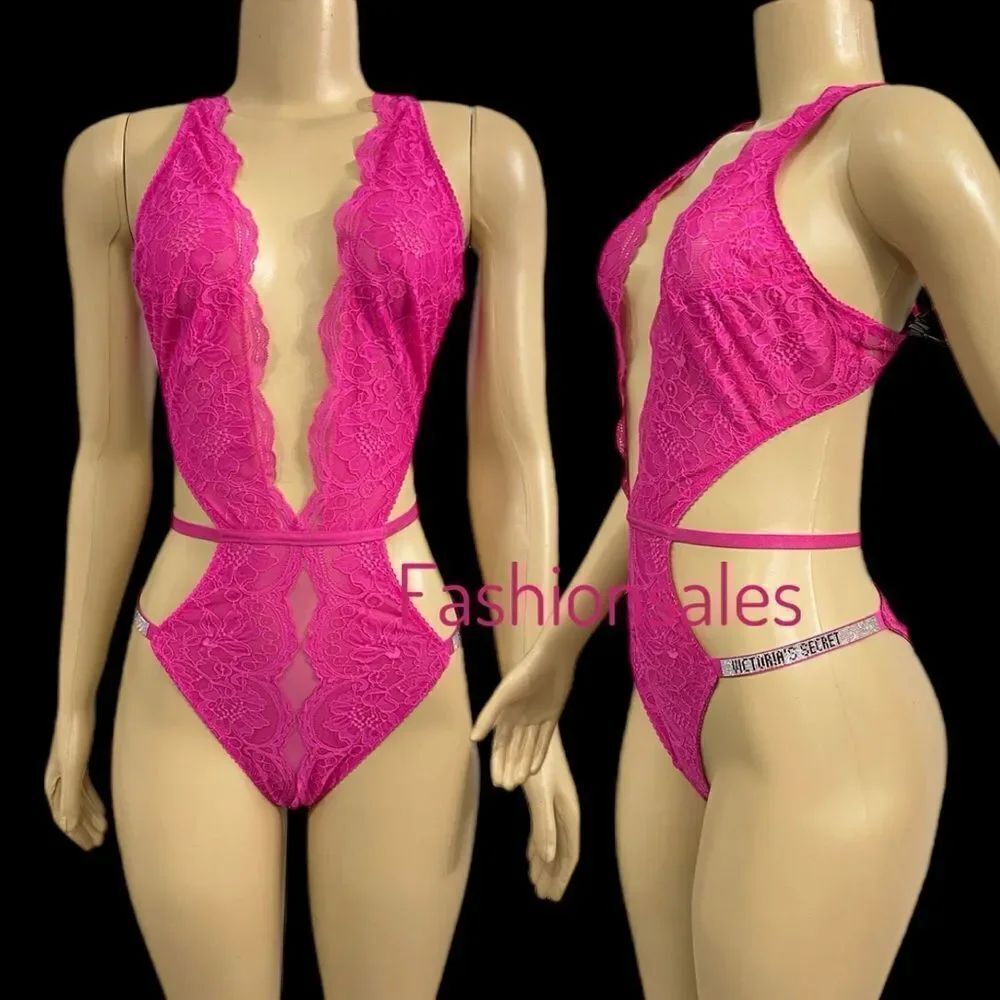 Victoria’s Secret Very Sexy Shine Strap Crotchless Strappy Lace Teddy Pink XL